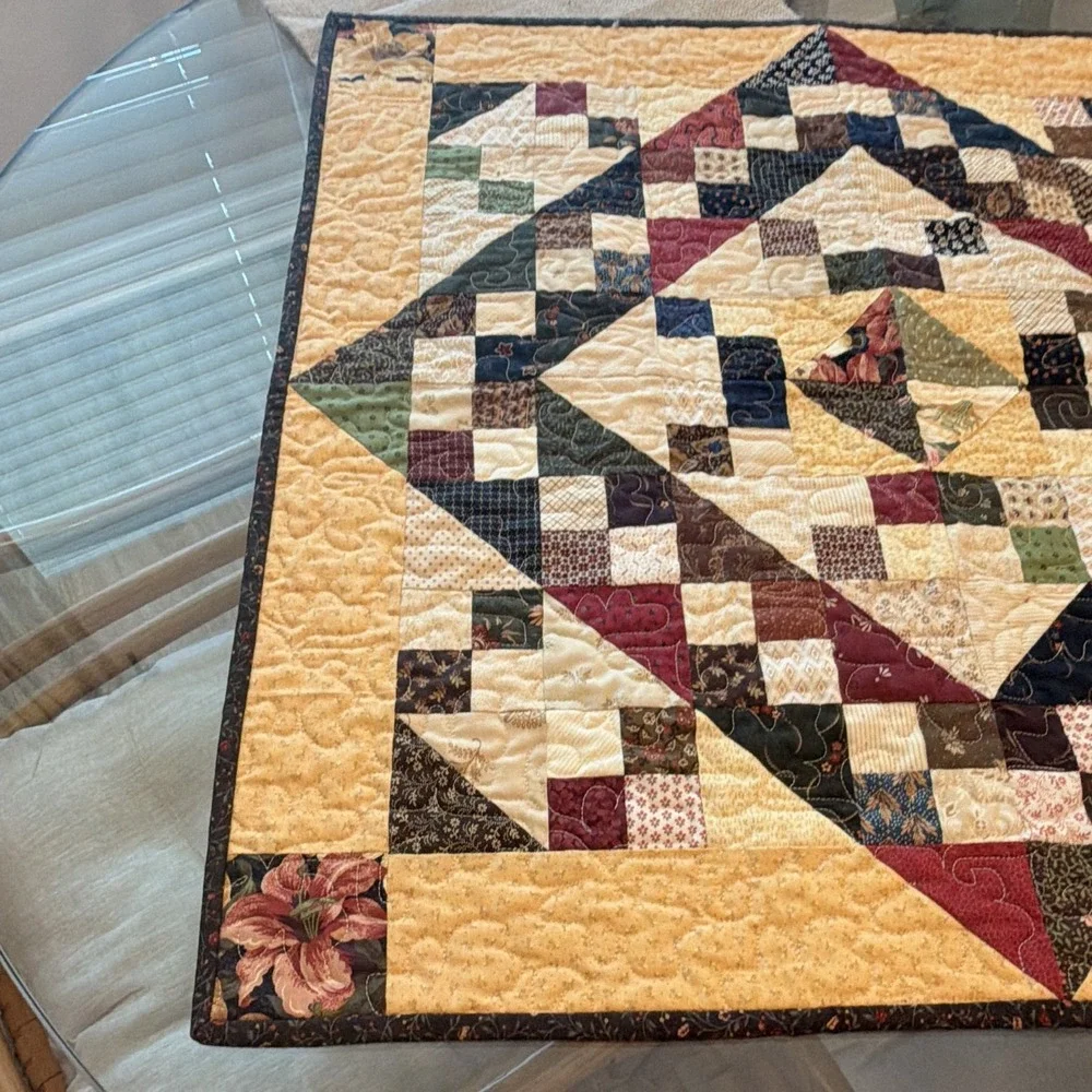 Handmade Quilted Cotton Patchwork Square Table Topper Beige Floral 23.5in